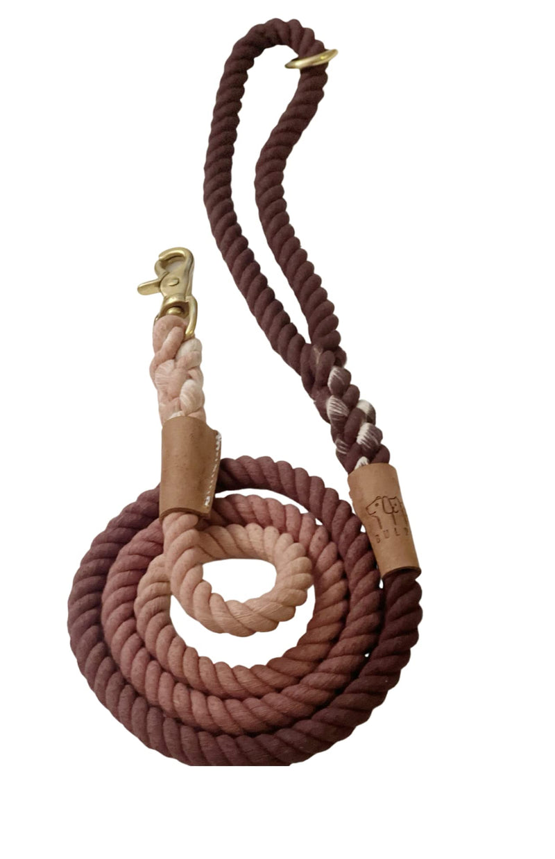 BULPET Eco Friendly Organic Cotton Durable Dog Ombre Brown Rope Leash with Brown Leather and Gold Brass Hardware/ 5 Ft/ All Dogs - PawsPlanet Australia