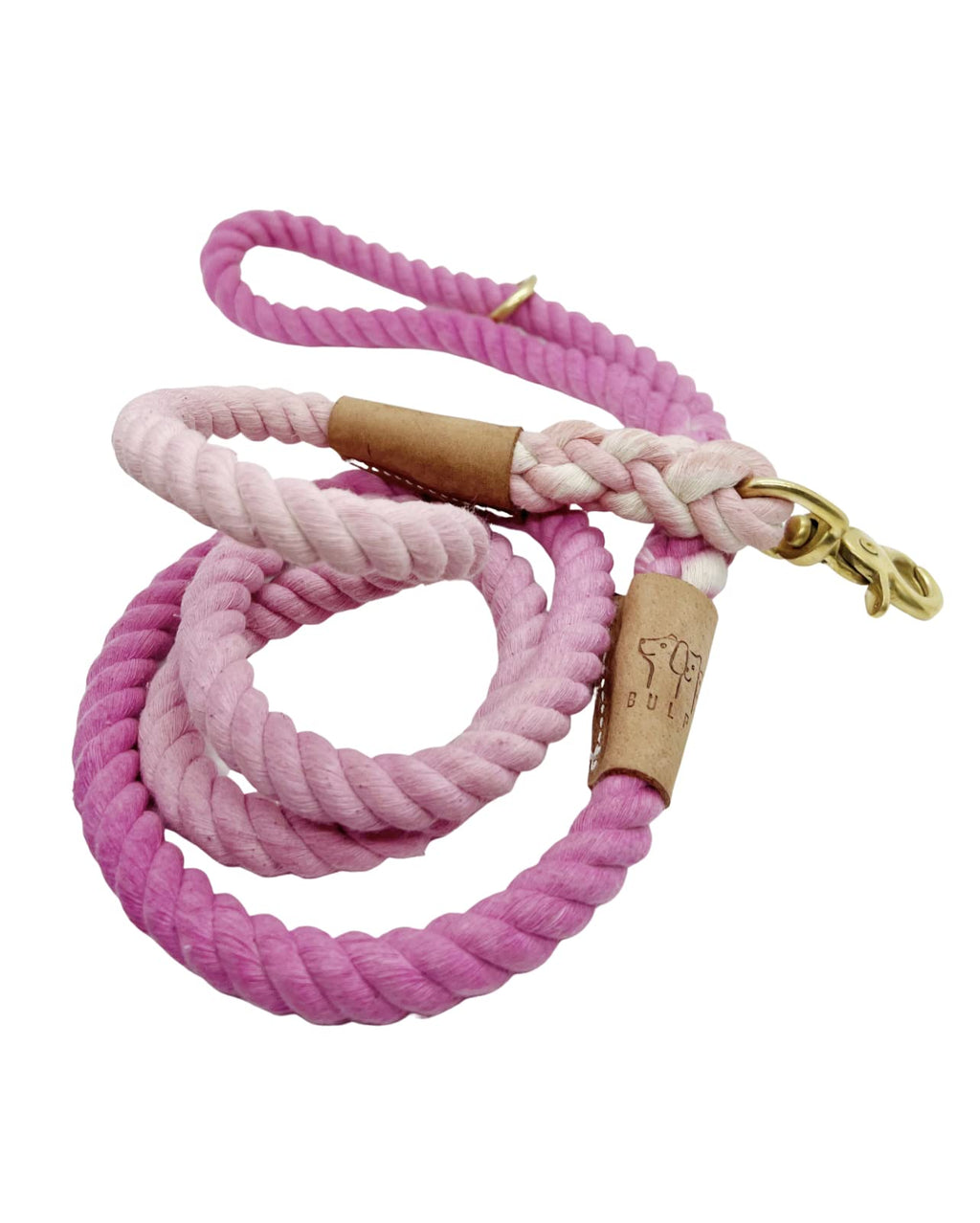 BULPET Eco Friendly Organic Cotton Durable Dog Ombre Pink Rope Leash with Brown Leather and Gold Brass Hardware/ 5 Ft/ All Dogs - PawsPlanet Australia