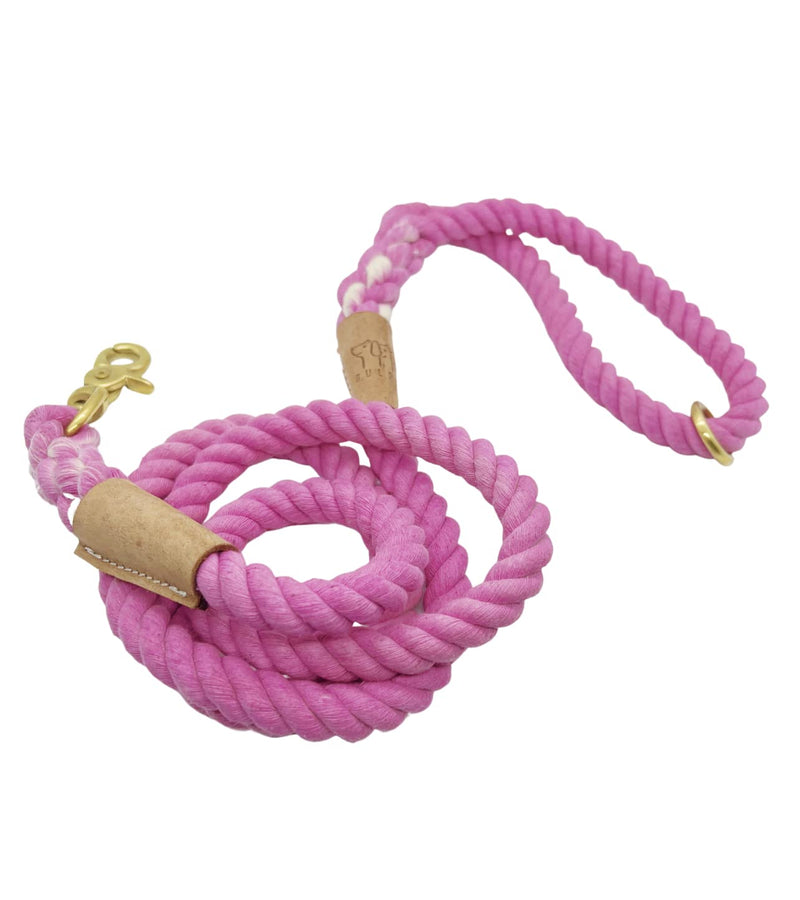 BULPET Eco Friendly Organic Cotton Durable Pink Rope Leash with Brown Leather and Gold Brass Hardware/ 5 and a Half ft/ All Dogs - PawsPlanet Australia