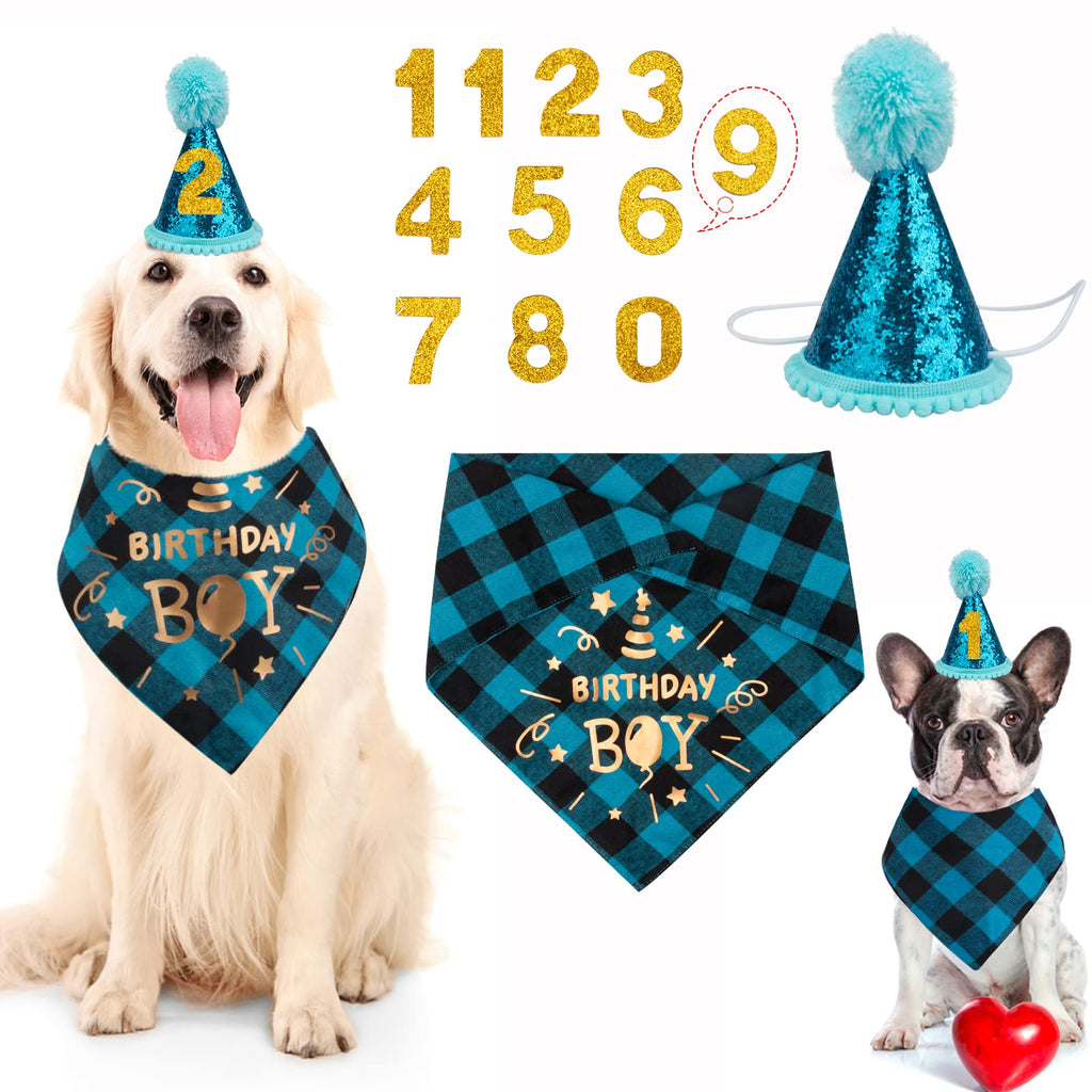 Dog Birthday Bandana Dog Birthday Party Supplies, Dog Birthday Bandana Triangle Scarf, Boy Dog Birthday Bandana Scarf Dog Birthday Hat with Shiny Number Doggy Birthday Bandana Set Blue - PawsPlanet Australia