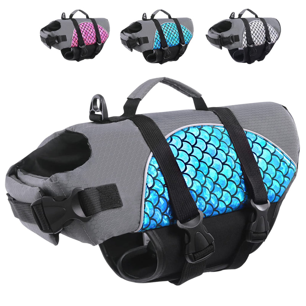 AOFITEE Dog Life Jacket Ripstop Dog Life Vest for Boating Swimming, Reflective Dog Safety Vest with Superior Buoyancy & Rescue Handle, Fish Scales Dog Swimsuit Lifesaver for Small Medium Dogs X-Small Blue - PawsPlanet Australia