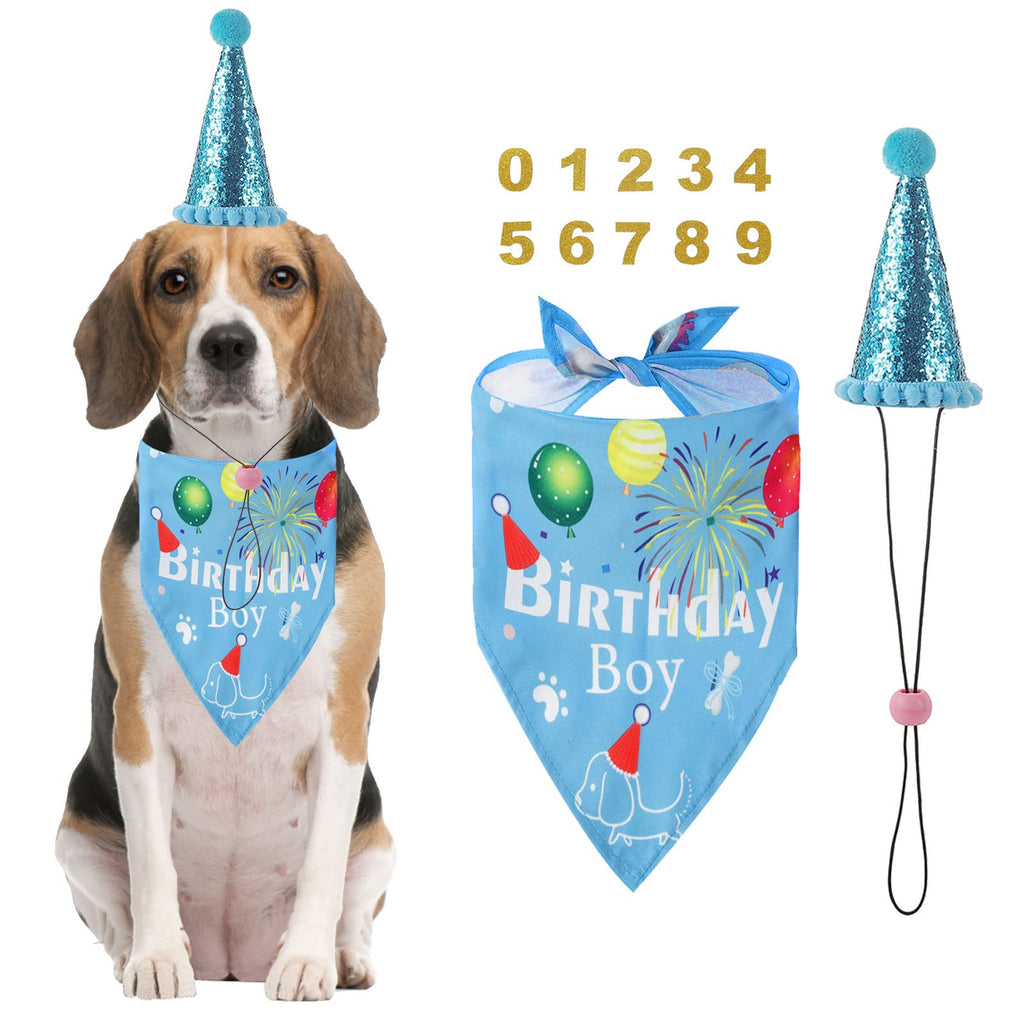 AIITLE Dog Birthday Bandana, Scarf and Reusable Dog Girl Boy Birthday Party Hat with Number, Small Medium Dog Cat Pet Birthday Party Supplies Light Blue - PawsPlanet Australia