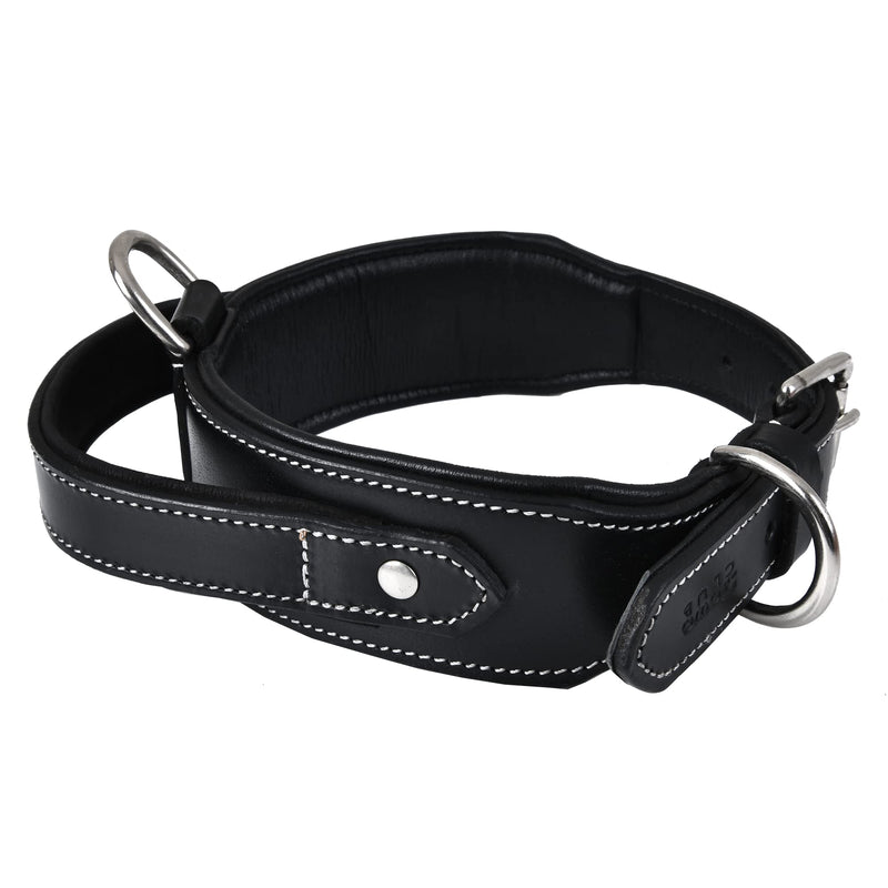 DowgClub | Genuine Leather Heavy Duty Tactical Dog Collar with Handle | Saddle Grade, Full Grain, Heavy Duty | Comfortable, Padded, Strong | Best for Medium, Large & X-Large Breeds M (Fit Neck Size 14.5"-18.5") Black - PawsPlanet Australia