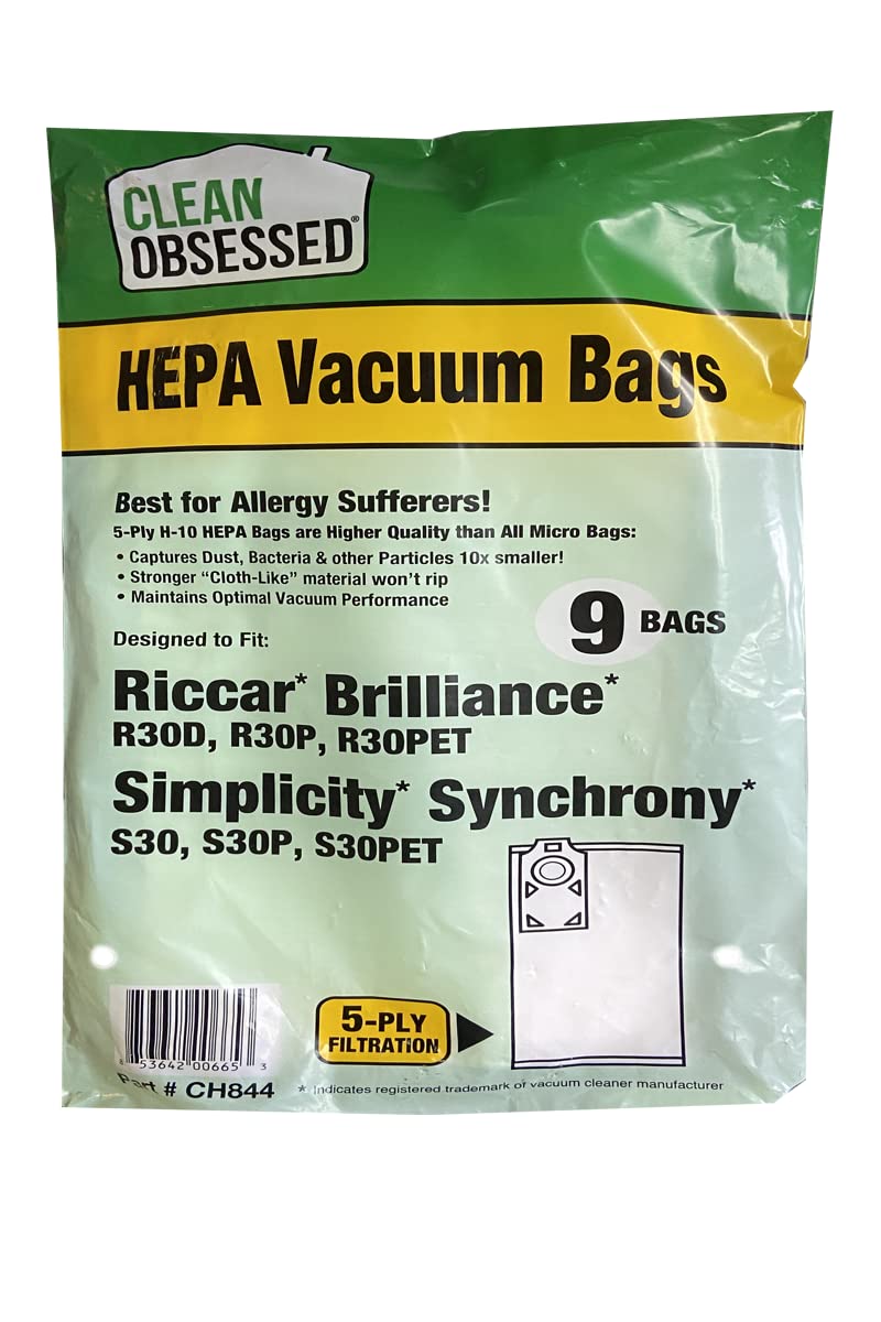 Clean Obsessed H-10 HEPA Bags Fits Riccar Brilliance R30D, R30P, R30PET & Simplicity Synchrony S30, S30P, S30PET. (9 Bag Pack) - PawsPlanet Australia
