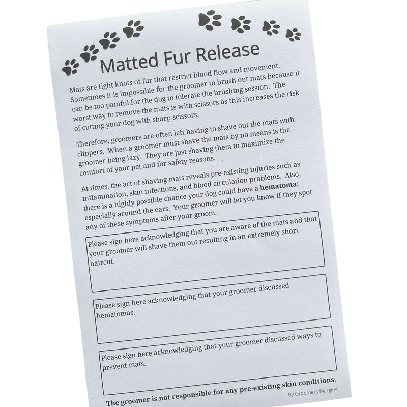 Dog Grooming Matted Fur Release Forms (Pad of 100, 5.5 X 8.5 Inches) Dog Groomer Forms addressing mats for Grooming Salon - PawsPlanet Australia
