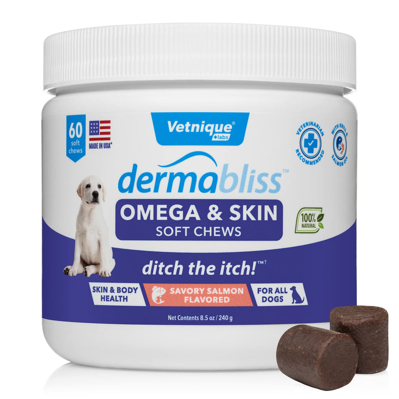 Dermabliss Omega & Skin Chews for Dogs with Omega 3-6-9, EPA, DHA, Biotin for Healthy Skin & More - Hickory Salmon Flavored Dog Treats - Ditch The Itch by Vetnique Labs 60ct - PawsPlanet Australia