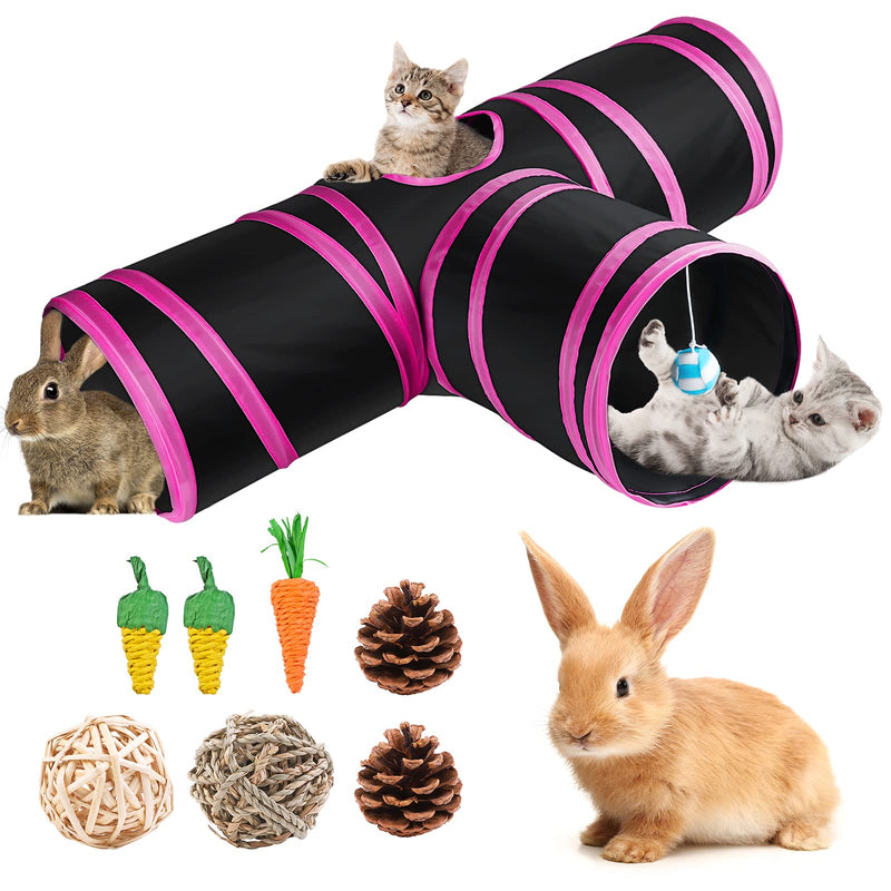 Tiibot Bunny Tunnels Collapsible 3 Way Bunny Hideout Tunnels & Tubes Guinea Pig Tunnel, with 7 Pieces Pets Chew Toys Small Tunnel Hideaway Toys for Dwarf Rabbits Bunny Guinea Pigs Kitty Hot Pink - PawsPlanet Australia