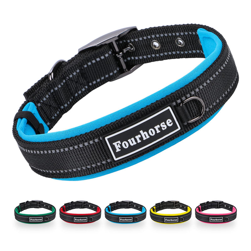 Fourhorse Heavy Duty Dog Collar, Comfortable Soft Neoprene Padded, Adjustable Reflective Nylon Pet Collar with Durable Metal Belt Buckle for Small/Medium/Large/X-Large Dogs S Blue - PawsPlanet Australia