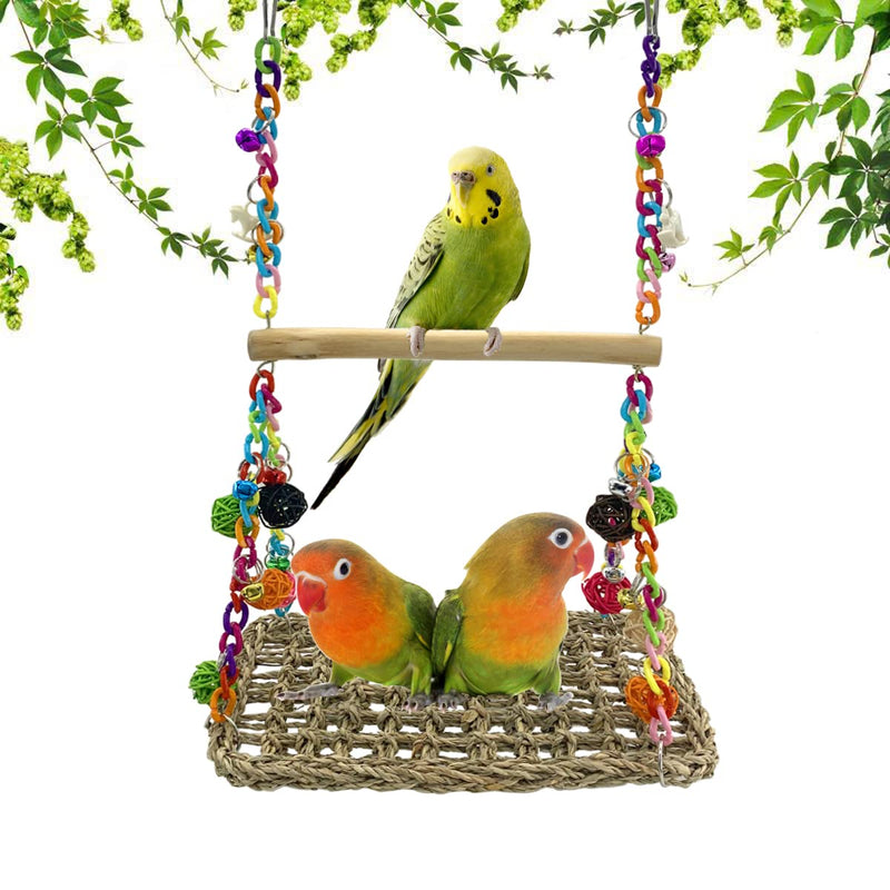 Vehomy Bird Seagrass Swing Toys with Wood Perch Bird Parrot Trapeze Swing Seagrass Bird Climbing Hammock Bird Perch Stand Chewing Toy for Lovebird, Cockatiel, Budgie, Conure Parrotlet, Parakeets - PawsPlanet Australia