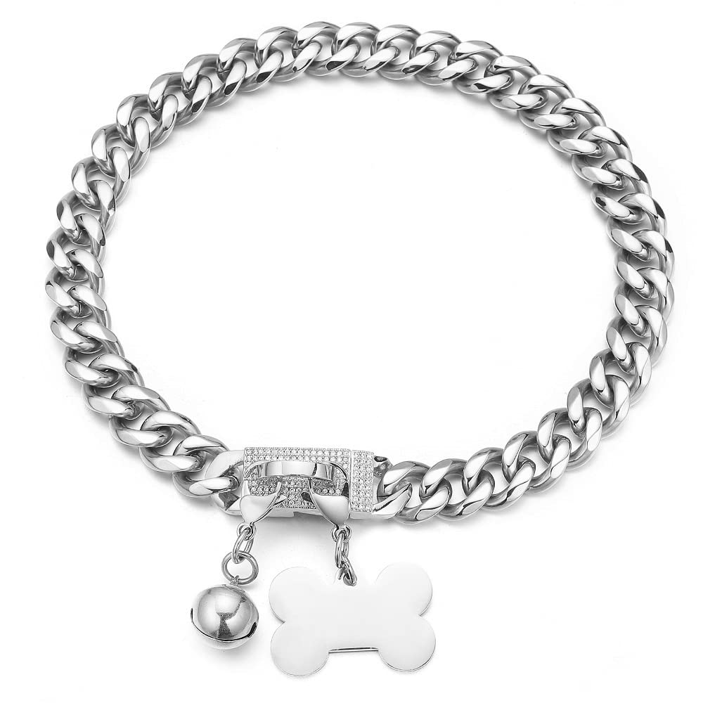 Aiyidi Dog Chain Collars Stainless Steel Silver Metal Chain Width 15mm/19mm with CZ Diamond Design Buckle Bling Dog Collar with ID Tag Dog Bell Waterproof Chewy for Dog Walking Training 10inches (for dog's neck 7~9inches) Silver,15mm wide - PawsPlanet Australia