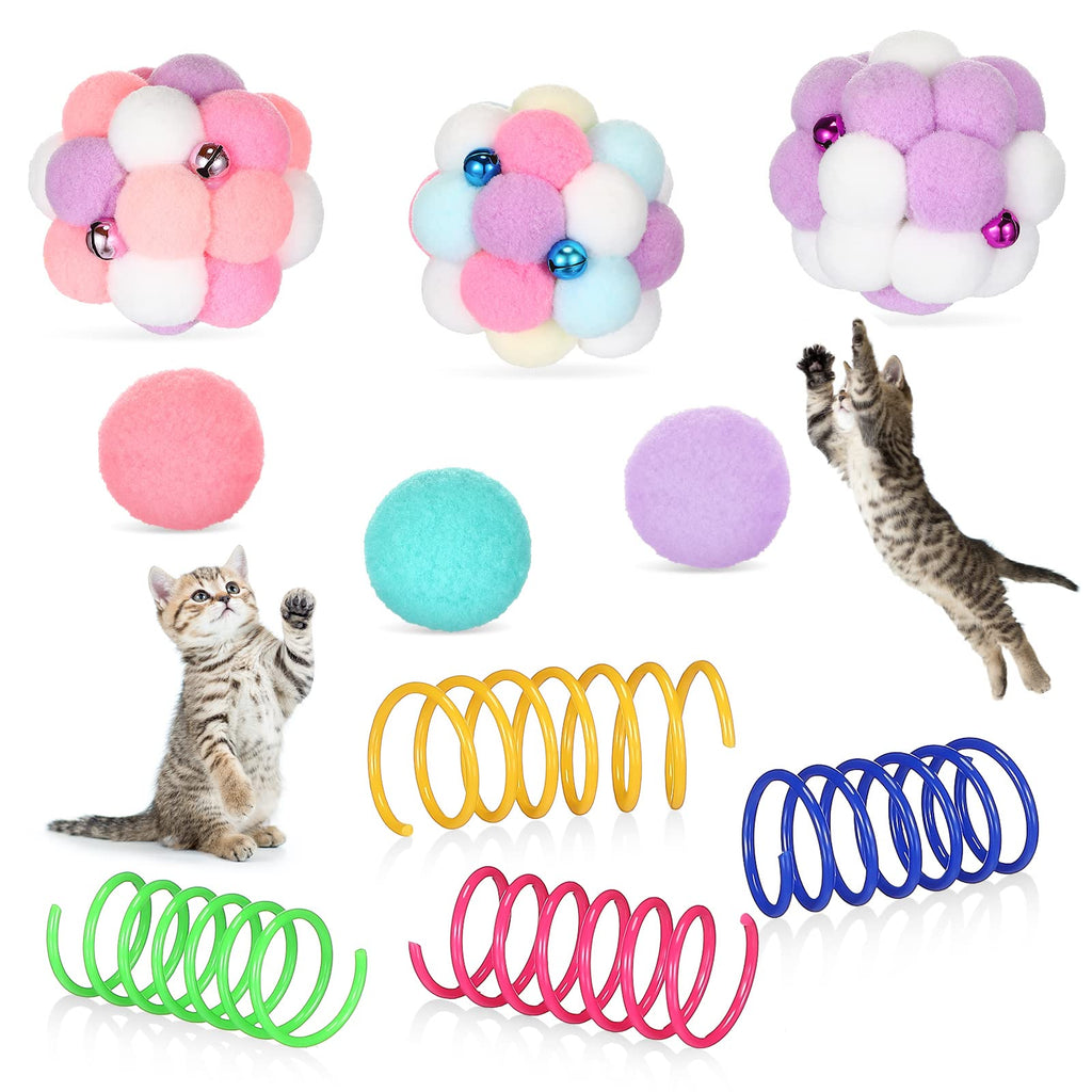 10 Pieces Cat Toys Balls Set Includes 3 Pieces Soft Furry Cat Pom Pom Ball with Bell 3 Colors Plush Pompon Ball and 4 Colors Cat Spring Toy for Cats to Swat, Interactive Cat Toys Hunt to Kill Time - PawsPlanet Australia