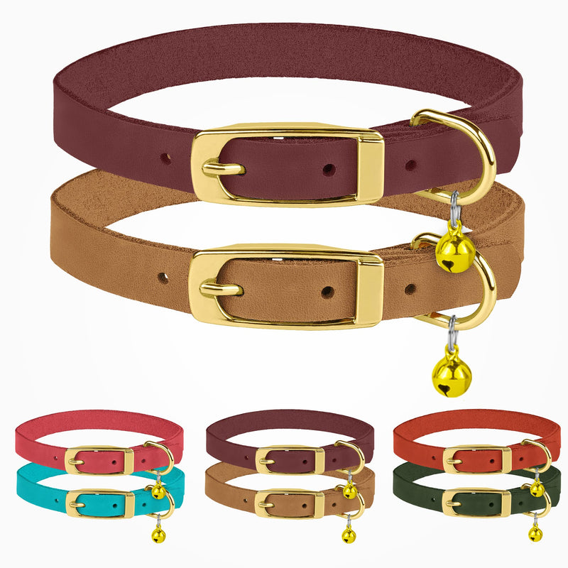 BRONZEDOG Cat Collar with Bell 2 PCS Adjustable Leather Cats Collar for Puppy Kitten Red Blue Green Brown Pink Brown & Burgundy - PawsPlanet Australia