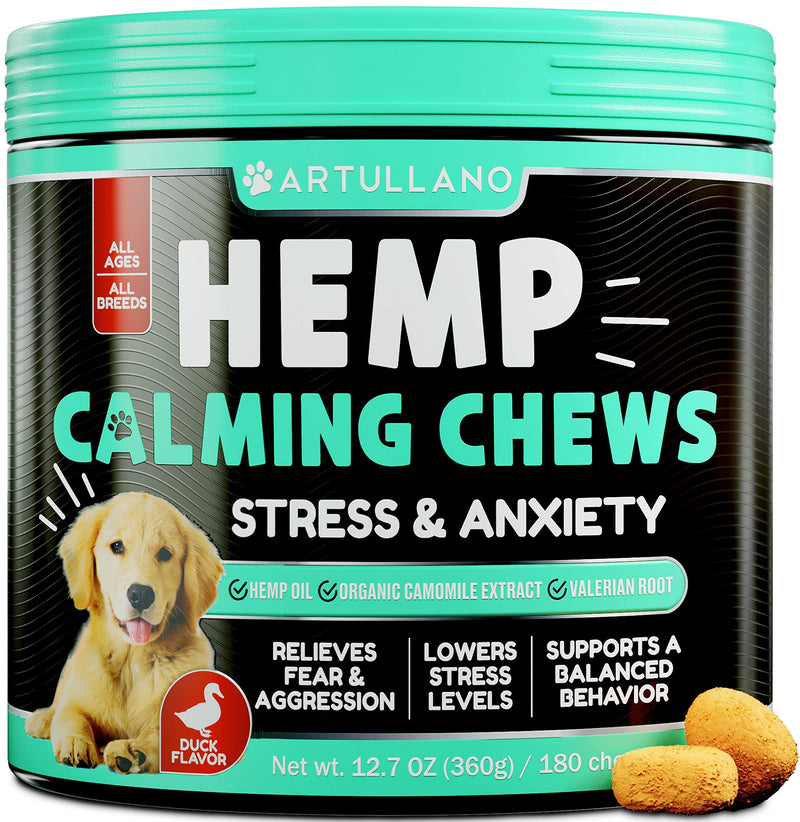 Artullano Hemp Calming Chews for Dogs - Dog Anxiety Relief, Stress, Storms, Barking, Separation, Valerian Root, Chamomile - L-Tryptophan - Natural Hemp Oil for Dogs - 180 Soft Treats - Made in USA - PawsPlanet Australia