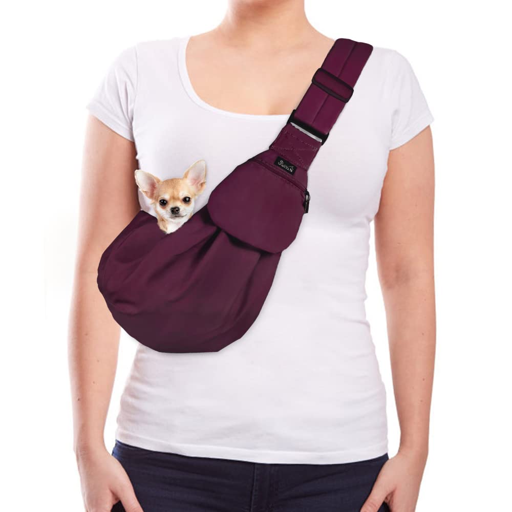 AUTOWT Dog Padded Papoose Sling, Small Pet Sling Carrier Hands Free Carry Adjustable Shoulder Strap Reversible Tote Bag with a Pocket Safety Belt Dog Cat Traveling Subway 3-8lbs Burgundy - PawsPlanet Australia