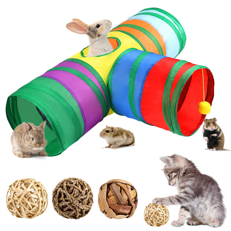 Tiibot 4 Packs Collapsible Rabbit Toys 3 Way Bunny Tunnel Chew Toys Large Bunny Hideout Tunnel Small Animal Activity Tunnel Toys for Rabbits Pig Ferret Guinea Rainbow - PawsPlanet Australia