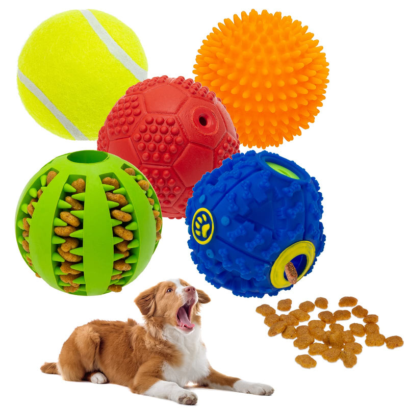 5 Pack Interactive Balls for Small Dogs - Squeaky Tennis Ball, Puppy Treat Dispensing Balls and Dog Squeak Rubber Chew Toys for Teeth Cleaning Playing Fetching - PawsPlanet Australia