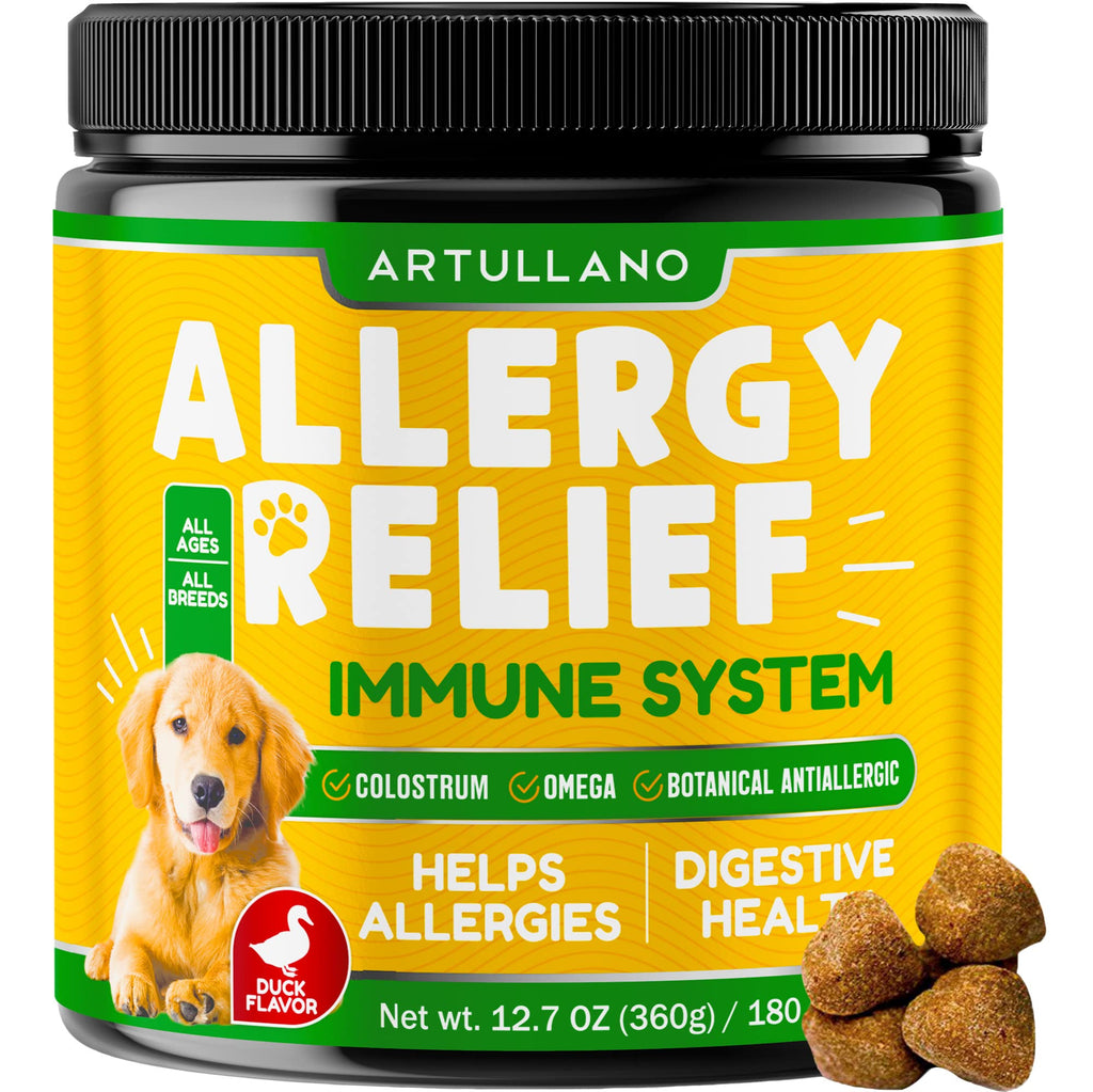 Artullano Dog Allergy Relief Supplement for Dog Itch Relief, Immunity - Helps Refine Skin and Coat - 180 Soft, Duck-Flavored Dog Allergy Chews with Colostrum, Probiotics - for All Dogs - PawsPlanet Australia