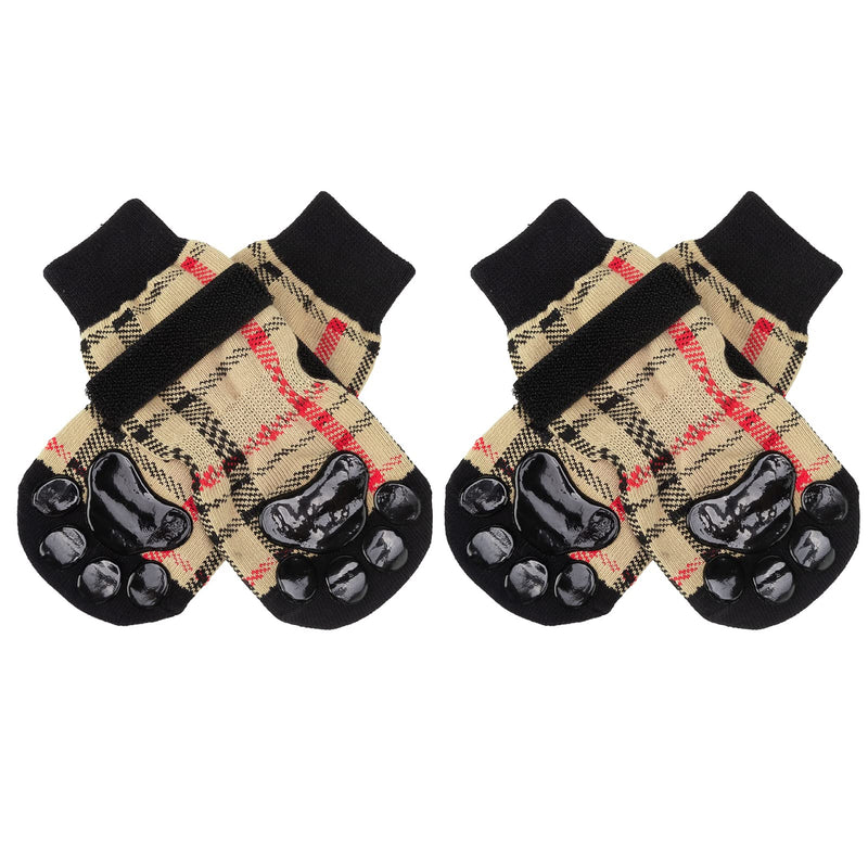 BINGPET Non-Slip Dog Socks Paw Protector with Adjustable Strape - 2 Pairs Classic Plaid Double-Sided Paw Protector Anti-Slip Traction Control for Indoor Wear Beige Small - PawsPlanet Australia