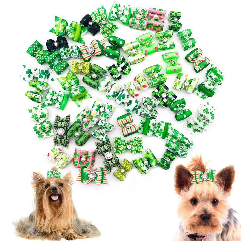 JpGdn 50PCS/25PAIRS St. Patrick's Day Dog Hair Bows with Rubber Bands Green Pet Animal Hair Bowknot Top Knot for Small Medium Doggy Puppy Cat Rabbit Poodle Grooming Accessories - PawsPlanet Australia