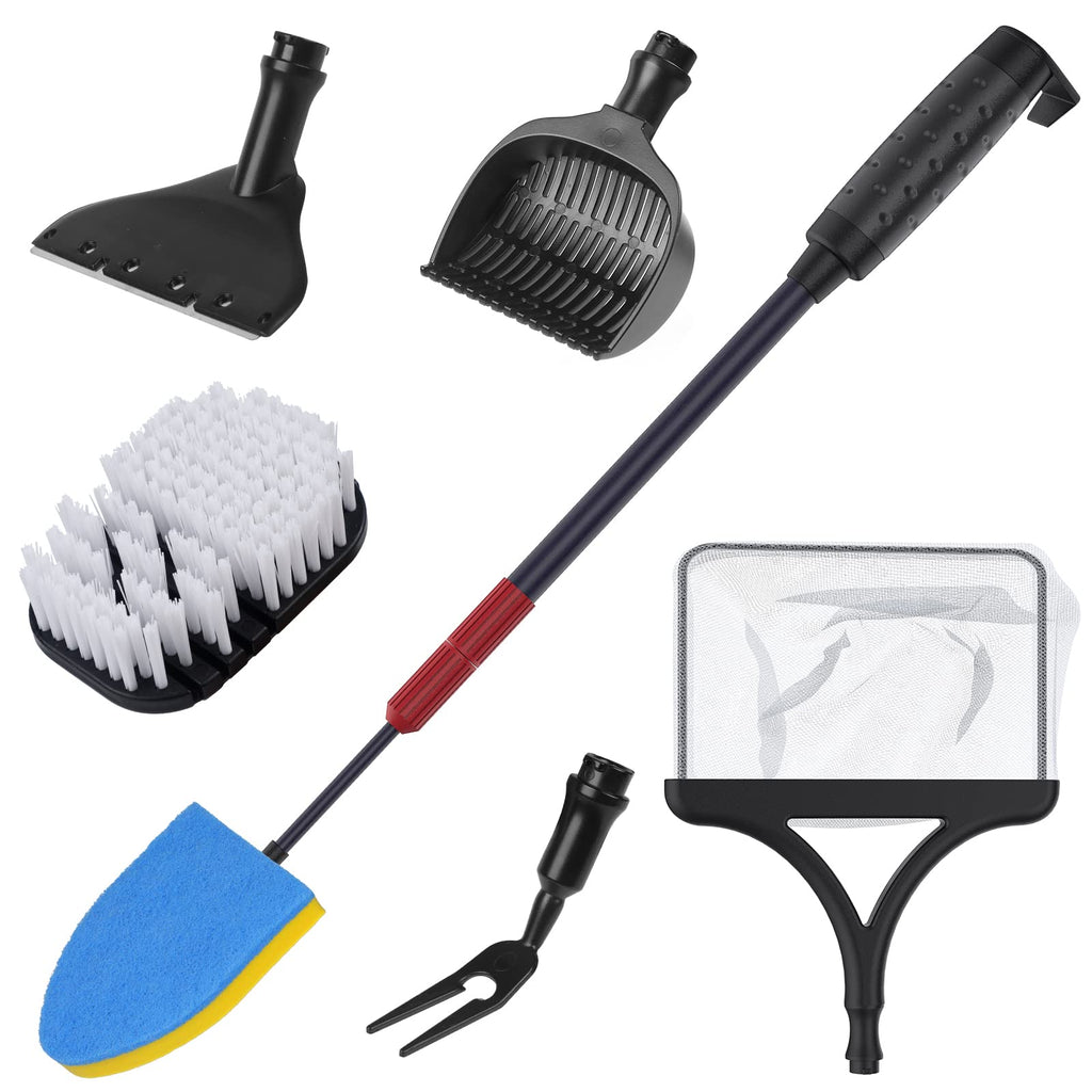 Pawfly Aquarium 6 in 1 Cleaning Tool Kit Large Fish Net Fish Tank Aquatic Plastic Stain Scraper Brush Sponge Scrubber Pad Gravel Rake and Grass Fork Cleaner Set with Telescopic Handle - PawsPlanet Australia