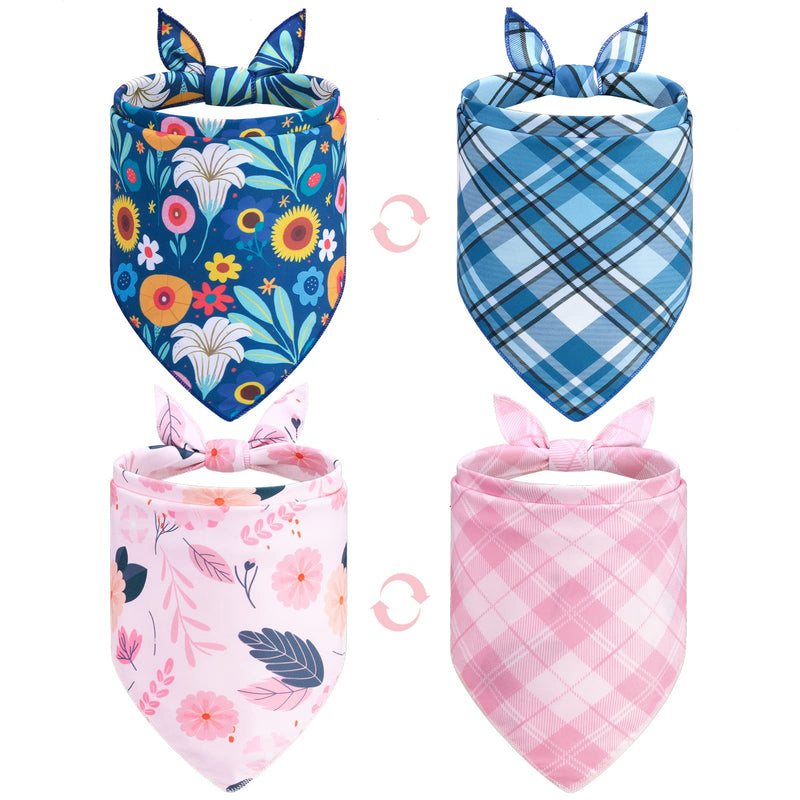 Dog Bandanas for Spring - 2 Pack Reversible Flower & Plaid Dog Square Scarfs for Small Medium Large Dogs - Washable Double Adjustable Dogs Triangle Bibs Kerchief Scarfs for Girl and Boy Blue & Pink - PawsPlanet Australia