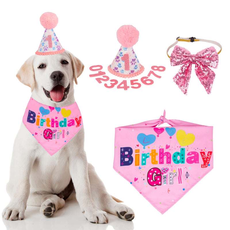 Dog Birthday Party Supplies, Boy Girl Dog Birthday Hat with Numbers Dog Puppy Birthday Bandana Hat Bow Set Pink - PawsPlanet Australia