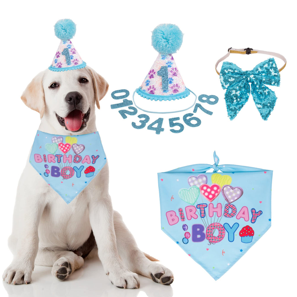 Dog Birthday Party Supplies, Boy Girl Dog Birthday Hat with Numbers Dog Puppy Birthday Bandana Hat Bow Set Blue - PawsPlanet Australia