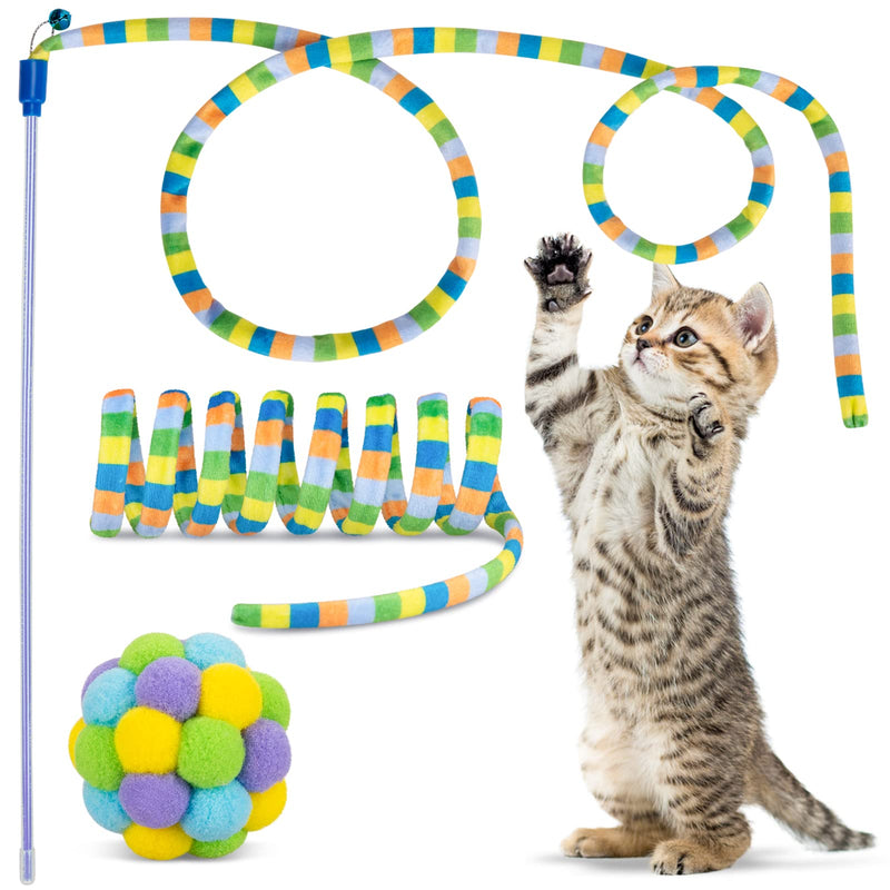 Cat Toys, Cat Wand Teaser Toys Cat Fuzzy Balls with Bell Inside and Cat Springs, Interactive Cat Toys for Indoor Cats Kittens Kitty, 3 Pack Rainbow-Green - PawsPlanet Australia