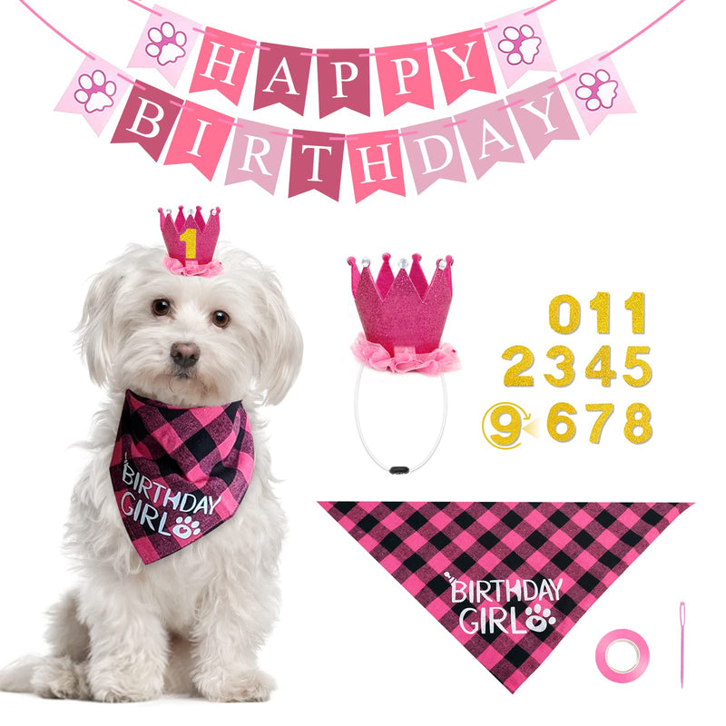 Pet Dog Birthday Party Supplies - Dog Birthday Hat Bandana Scarf Banner with Numbers for Small Medium Large Dogs Cats Pets Pink Girls Crown - PawsPlanet Australia