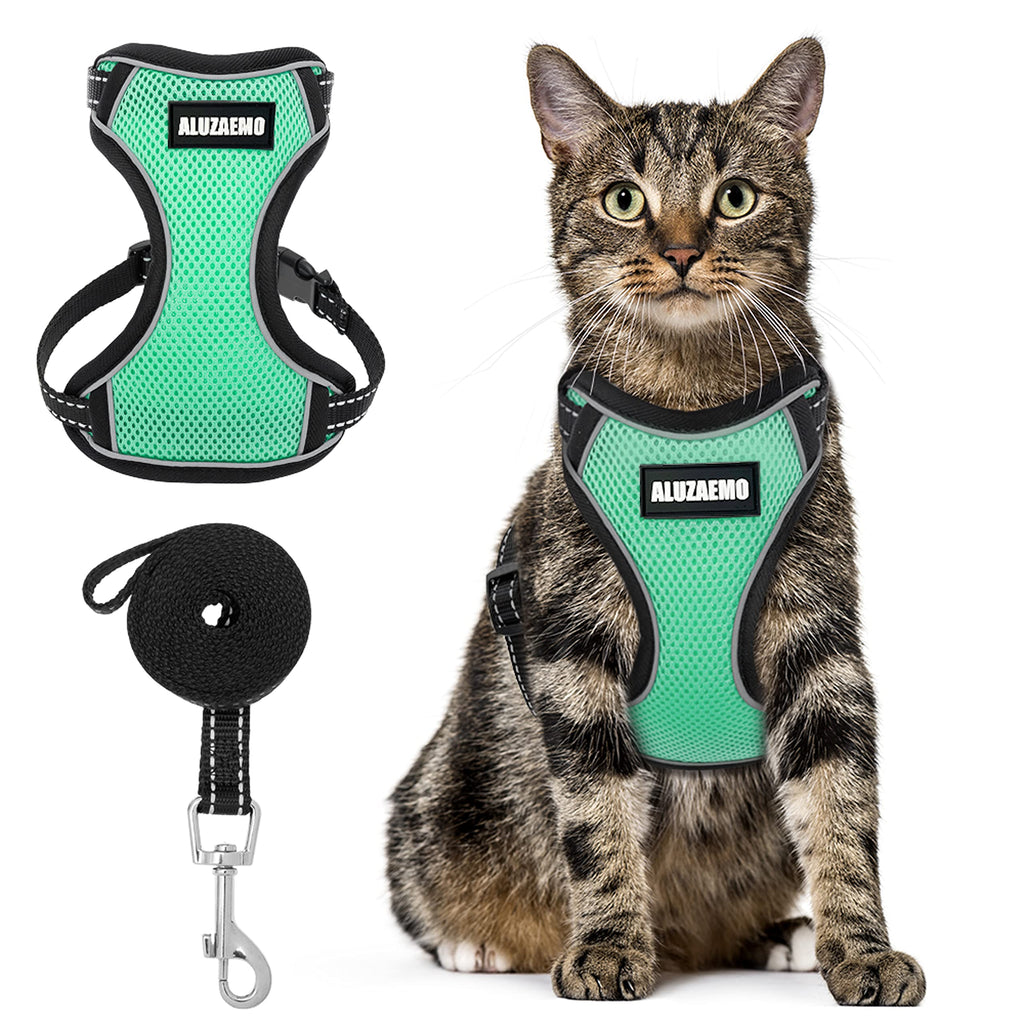 ALUZAEMO Cat Harness and Leash Set - Escape Proof Cat Vest Harness for Walking Travel Outdoor - Reflective Adjustable Soft Mesh Breathable Cat Body Harness for Small Medium Large Cat Small (neck: 7"-11" chest: 10.5"-16") cyan-blue - PawsPlanet Australia