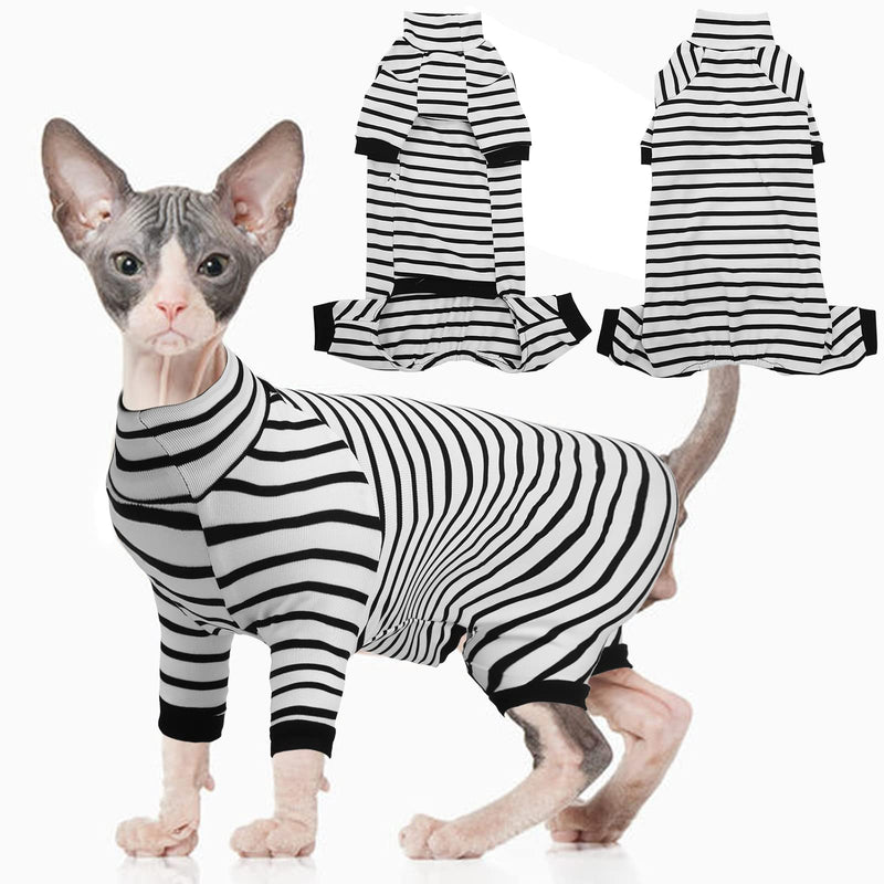 IKIPUKO Sphynx Cat Clothing, Pure Cotton Turtleneck Knitwear, Stripes Thin Bottoming T-Shirt for Spring Summer Autumn, Soft Knit Sweater Coat for Hairless Cat Small Dog Puppy XS - PawsPlanet Australia