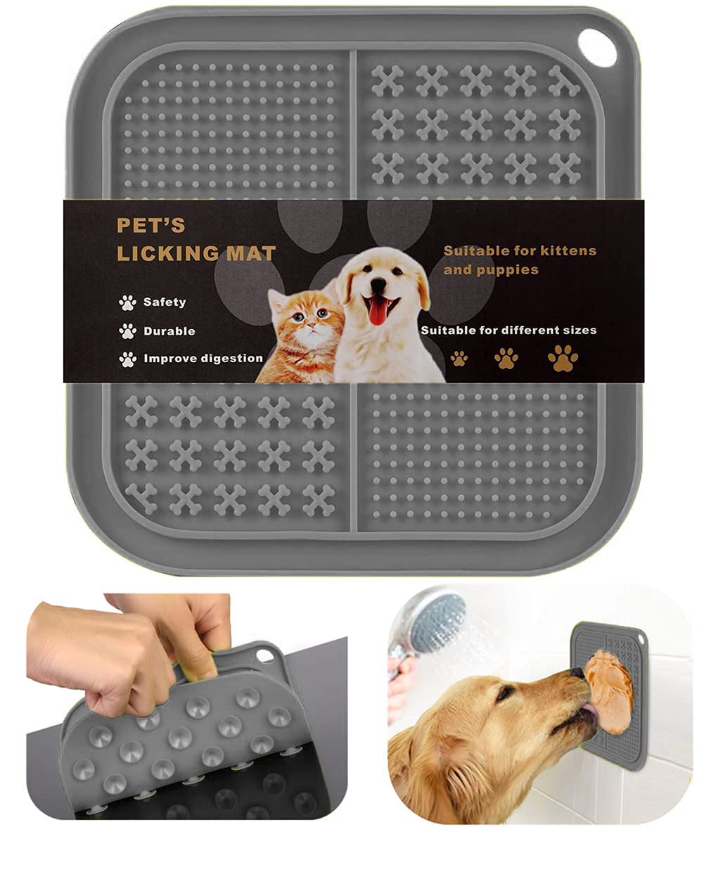 Slow Feeder Mat for Dogs,Dog Food Licking Mat with Suction Cups,Slow Feeder Dog Bowls for Boredom& Anxiety Reducer,Lick Pad for Dog & Cat Slow Feeders,Help Pets for Bathing,Nail Trimming,Grooming Grey(without hooks) - PawsPlanet Australia