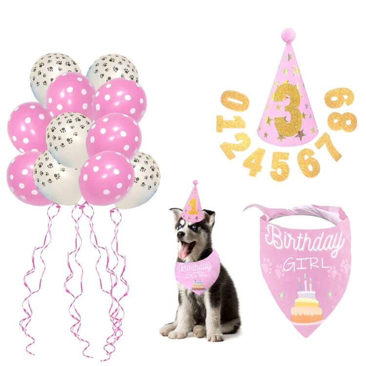 COOLBEY Dog Birthday Bandana Scarf and Birthday Party Hats for Small and Medium-Sized Dogs and Cats Pets, Happy Birthday Balloons Blue or Pink Pets Princess（Pink） - PawsPlanet Australia