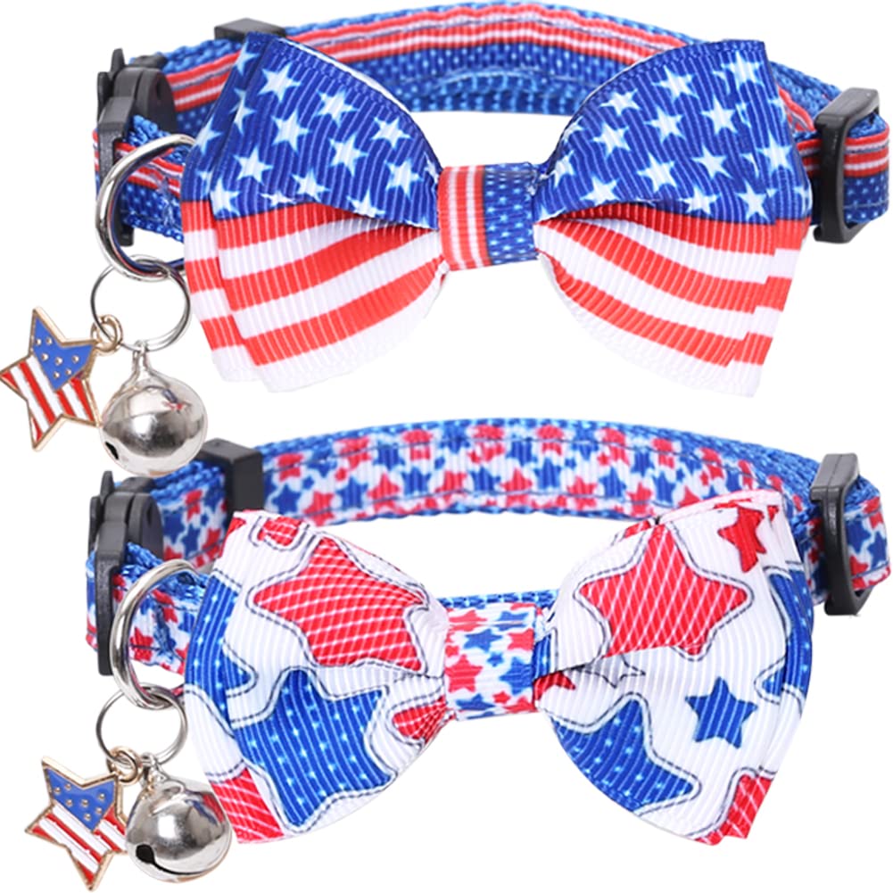 Lamphyface American Flag Cat Collar with Bell Bow Tie Star Breakaway Adjustable for 4th of July Independence Day 2PCS-1 - PawsPlanet Australia