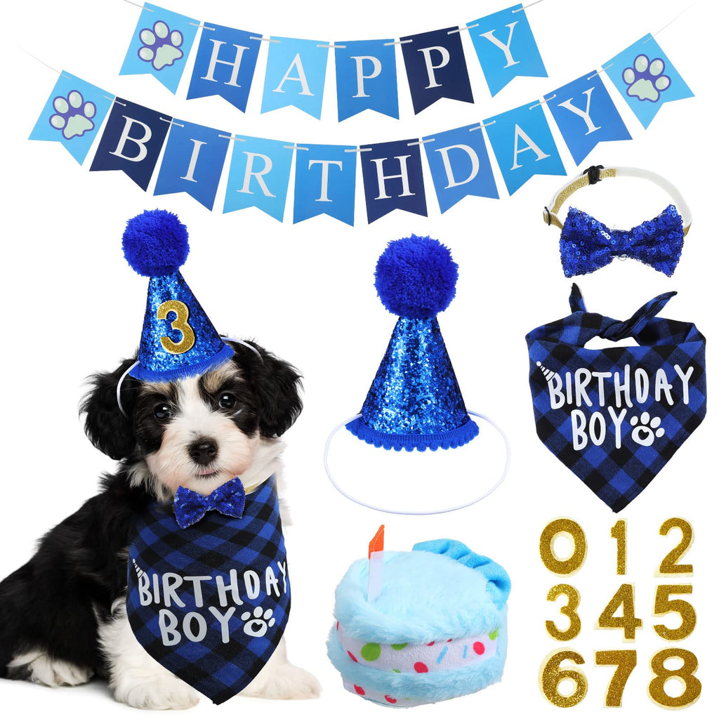 Dog Birthday Party Supplies Boy Dog Bandana Triangle Scarf Cute Dog Birthday Hat Toy Cake Dog Bow Tie Collar with 0-8 Numbers for Puppy Pet Dog Birthday Party Outfits - PawsPlanet Australia