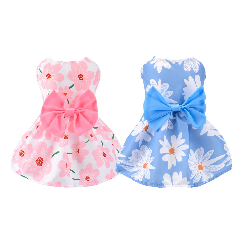 DaFuEn Dog Bowknot Dress 2 Pack Hawaiian Daisy Puppy Dresses for Small Medium Dogs Girl Dog Clothes Outfit Apparel Cute Summer Cat Clothing for Chihuahua Yorkie X-Small Pink+Blue - PawsPlanet Australia