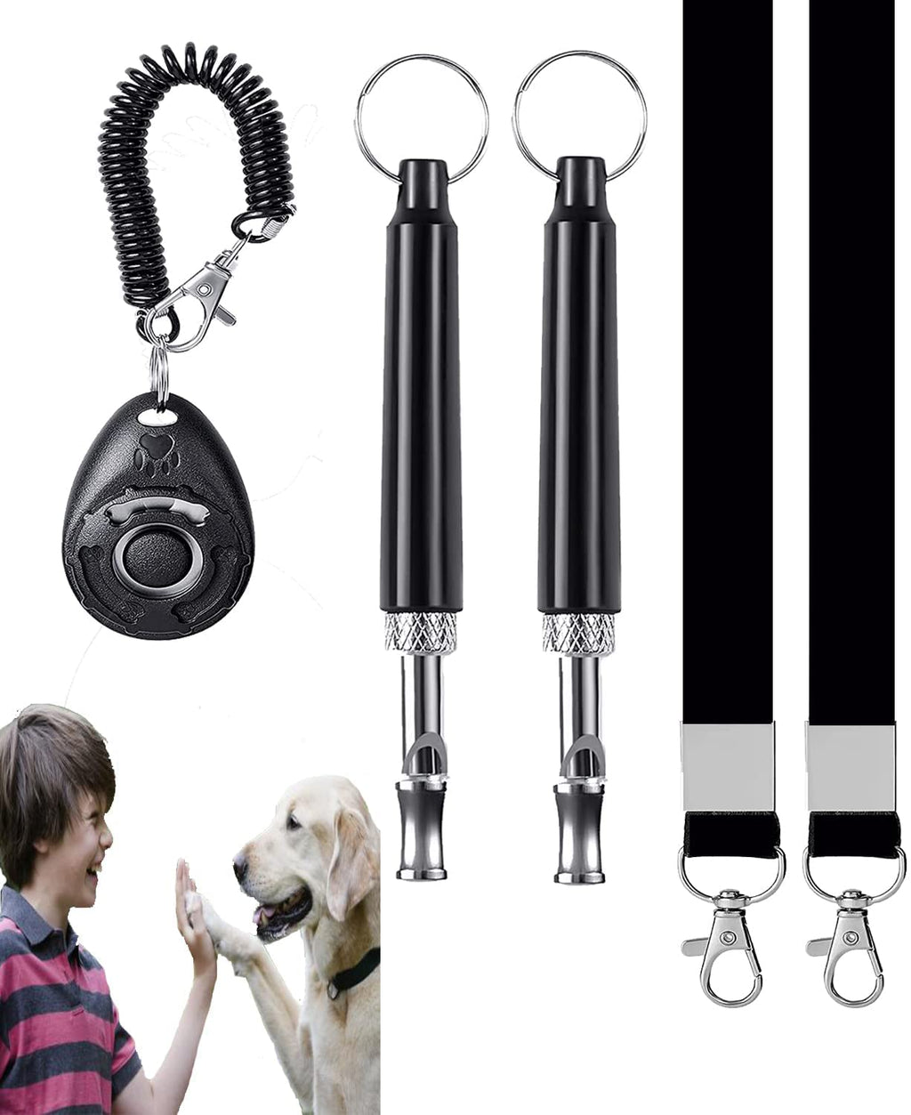 Geohee Dog Training Whistle, Professional Ultrasonic Adjustable Pitch Dog Whistle for Stop Barking Bad Behavior Recalling, 5 PCS Training Clicker with Wrist Strap Whistle Kit for Puppies Pet (Black) Black - PawsPlanet Australia