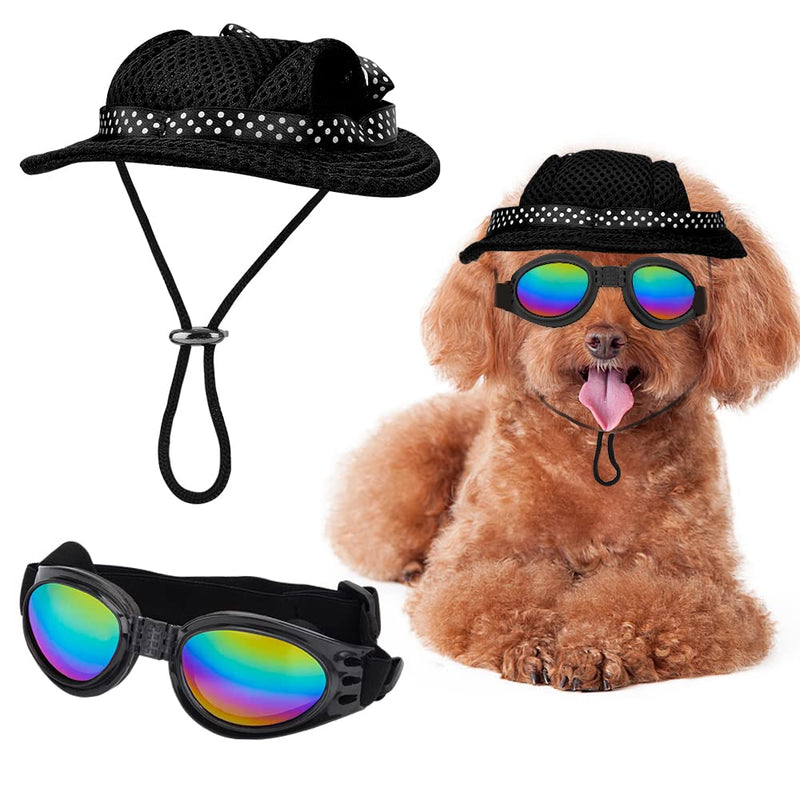 Sebaoyu Round Brim Dog Hat with Sunglasses Pet Puppy Visor Princess Cap Sunbonnet Outfit with Ear Holes and Adjustable Chin Strap Dog Cat Goggles for Small Breed Black - PawsPlanet Australia