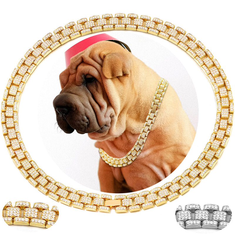FASDECON Gold Dog Chain Collar Diamond Cuban Collar Walking Metal Chain Collar with Design Secure Buckle Dog Collars for Medium Large Dogsc (20inch, Gold) 20inch - PawsPlanet Australia