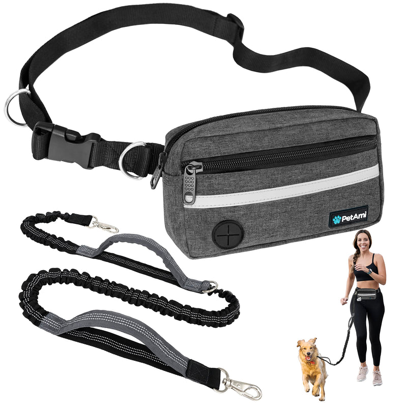 PetAmi Hands Free Dog Leash, Dog Running Leash Belt for Walking, Jogging, Dog Waist Zipper Pouch with Poop Bag Dispenser, Dual Padded Handles, Reflective Durable Bungee Leash, Single 1 Leash Charcoal Grey - PawsPlanet Australia
