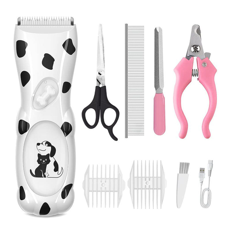 LEMULEGU Powerful Electrict Handy Pet Hair Shaver Kits with USB Chargeable Waterproof Body Hair Grooming Clippers for Dogs and Cats White Spotted Dog with 8 Shaped Plugs White-2 - PawsPlanet Australia
