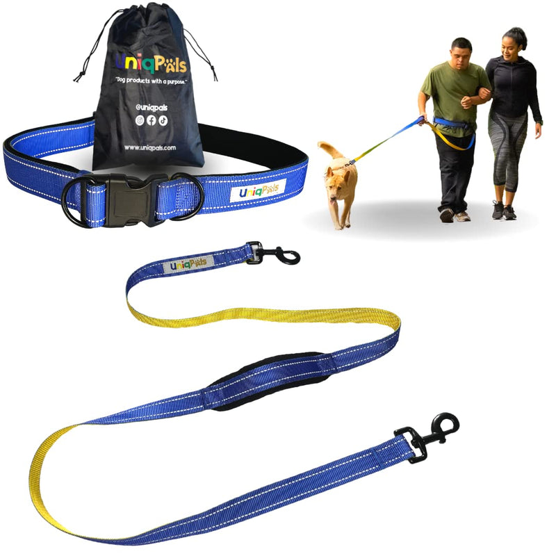 Uniqpals Hands Free Dog Leash for Medium to Large Dogs | 5 Feet Dog Leash for Walking, Running, Hiking with Heavy Duty Adjustable Waist Belt, Padded Handles, Reflective Stitching, and Carrying Bag Blue/Yellow - PawsPlanet Australia