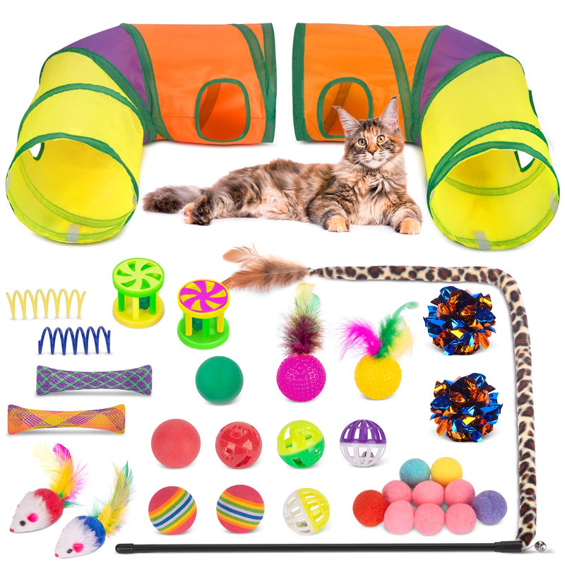 Retro Shaw Cat Toys Set, Interactive Cat Kitten Toys for Indoor Cats Kitty with Collapsible L Shape Cat Play Tunnel Tube Tent Cat Feather Wand Teaser Cat Bell Fuzzy Ball Springs Mouse Toys - PawsPlanet Australia