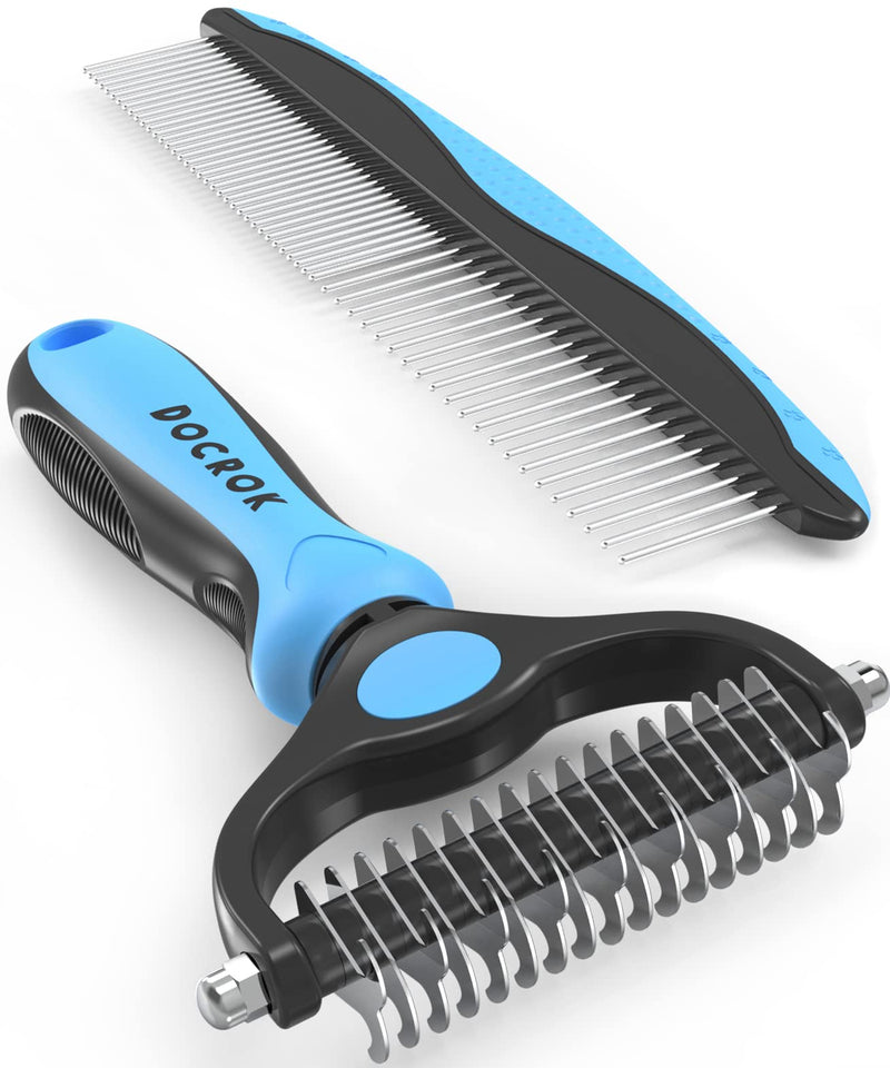 Dog Grooming Brush and Metal Comb, Undercoat Rake for Dogs Grooming Supplies Dematting Deshedding Brush for Shedding, Cat Brush Deshedder Brush Dogs Shedding Tool for Long matted Haired Pets, Blue - PawsPlanet Australia