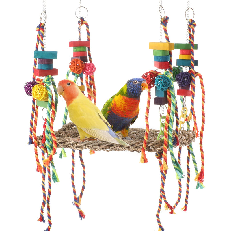 AFUOWER Bird Toys, Bird Foraging Wall Toy, Parrot Chewing Toys Seagrass Woven Hammock Swing Mat Toys with Colorful Ropes Wooden Blocks for Parakeets, Lovebirds, Cockatiels, Conures (Hammock Swing) - PawsPlanet Australia