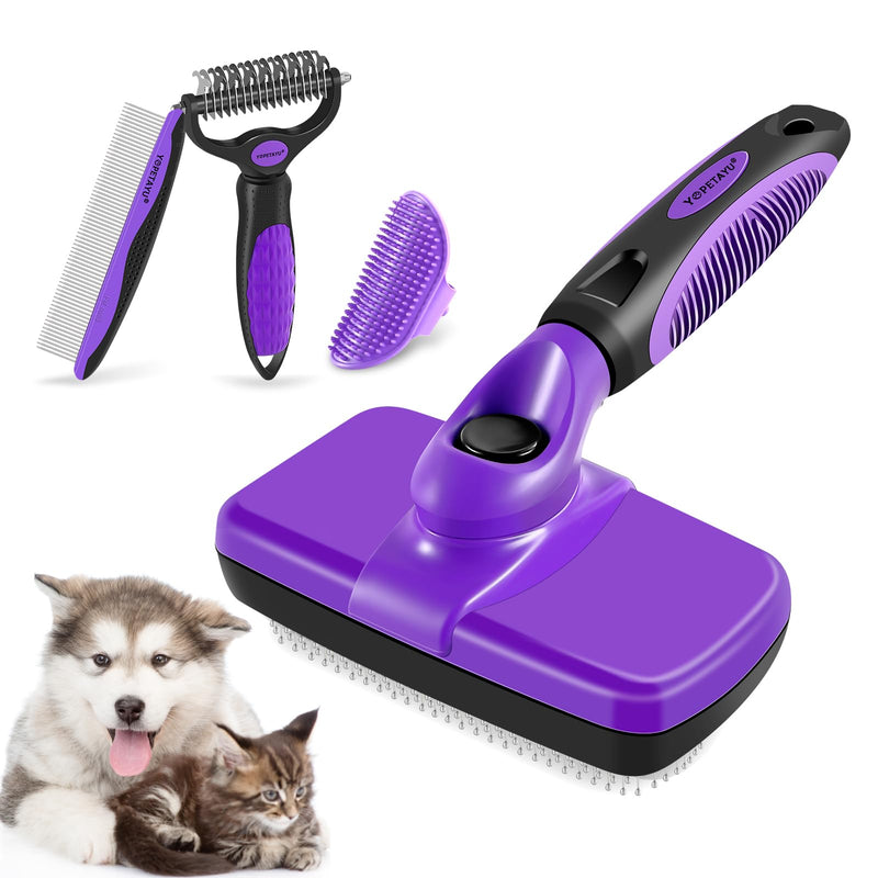 4 in 1 Pet Grooming Kit, Self Cleaning Slicker Brush for Dogs Cats & Small Animals, Dog Brush for Shedding Short Long Haired Dogs. Removes Loose Undercoat, Tangled Hair for Large Small Dogs Purple - PawsPlanet Australia