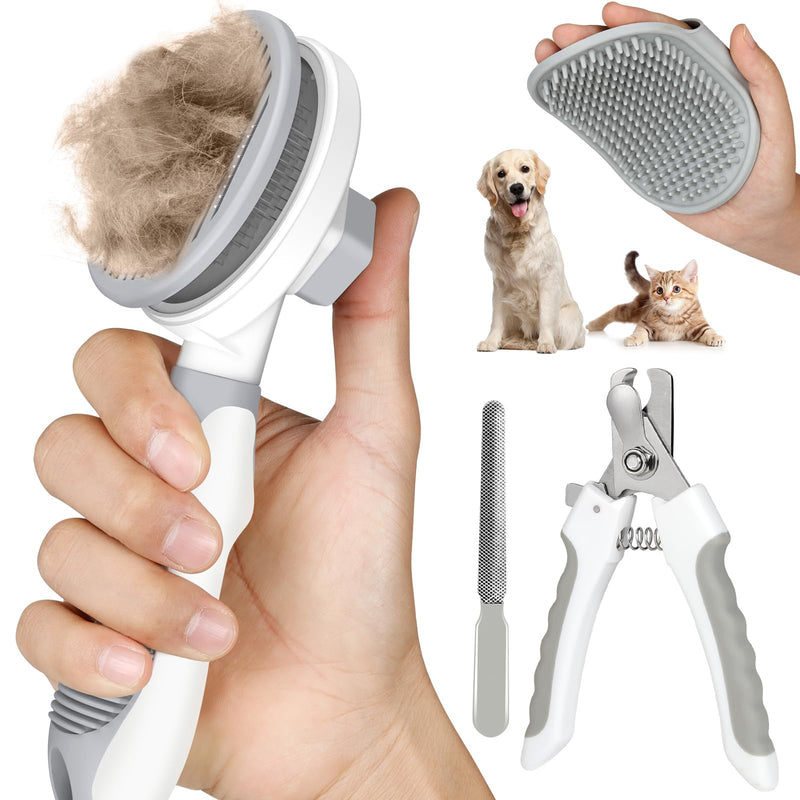 Comotech 4PCS Cat Grooming Kit | Cat Brush with Release Button | Cat Nail Clipper with Nail File | Dog&Cat Hair/Grooming/Massage/Bath Brush for Long or Short Haired Cats&Dogs - Premium Cat Supplies - PawsPlanet Australia