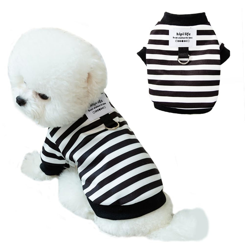 Anelekor Autumn Dog Hoodies with Leash Ring Warm Striped Puppy Shirt for Small Dog Girl Boy Cat Sweater Winter Pet Clothes Pomeranian Chihuahua Cold Weather Coat (Large, Black) Large - PawsPlanet Australia