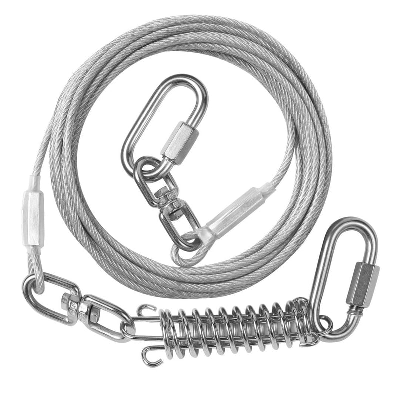 Miao Chuai Dog Tie Out Cable,10/15/20/30/40/50FT Dog Cable with Swivel Hook and Shock Spring,Heavy Duty Dog Leads for Yard Outdoor and Camping,Dog Lead Runner for Large Dogs (Silver, 15ft 120Ibs) Silver - PawsPlanet Australia