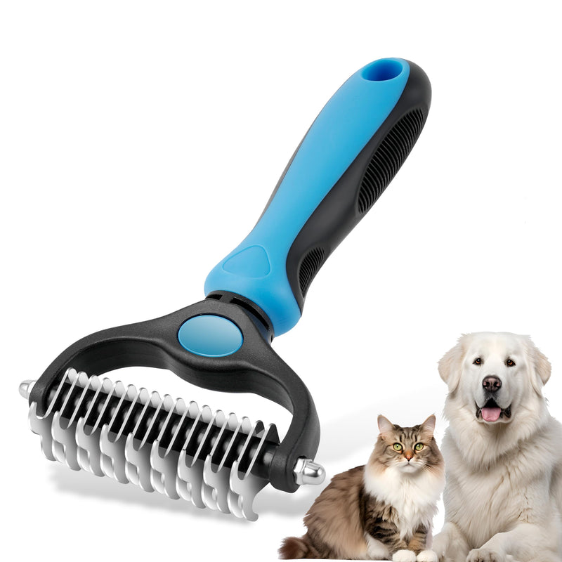 NursCare Pet Grooming Brush, Double Sided Undercoat Rake for Dogs & Cats, Professional Deshedding Brush and Dematting Tool, Safe and Effective Removing Knots, Mats, Tangles,and Flying Hair (Blue) Blue - PawsPlanet Australia
